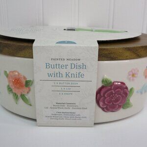Pioneer Woman Butter Dish Serving Knife Lid Painted Meadow Floral Embossed New